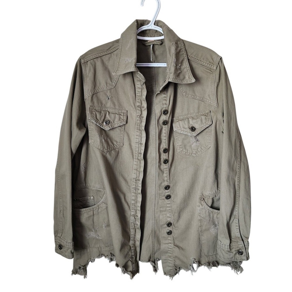 FREE PEOPLE Y2K Moonchild Distressed Utility Jacket Army Green grunge festival S